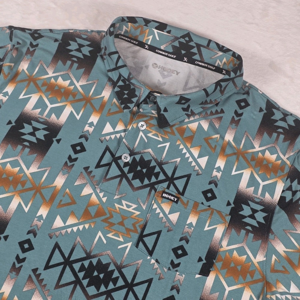 Hooey Mens Golf Polo Shirt Turquoise XL Hot Shot Western Aztec Performance Soft